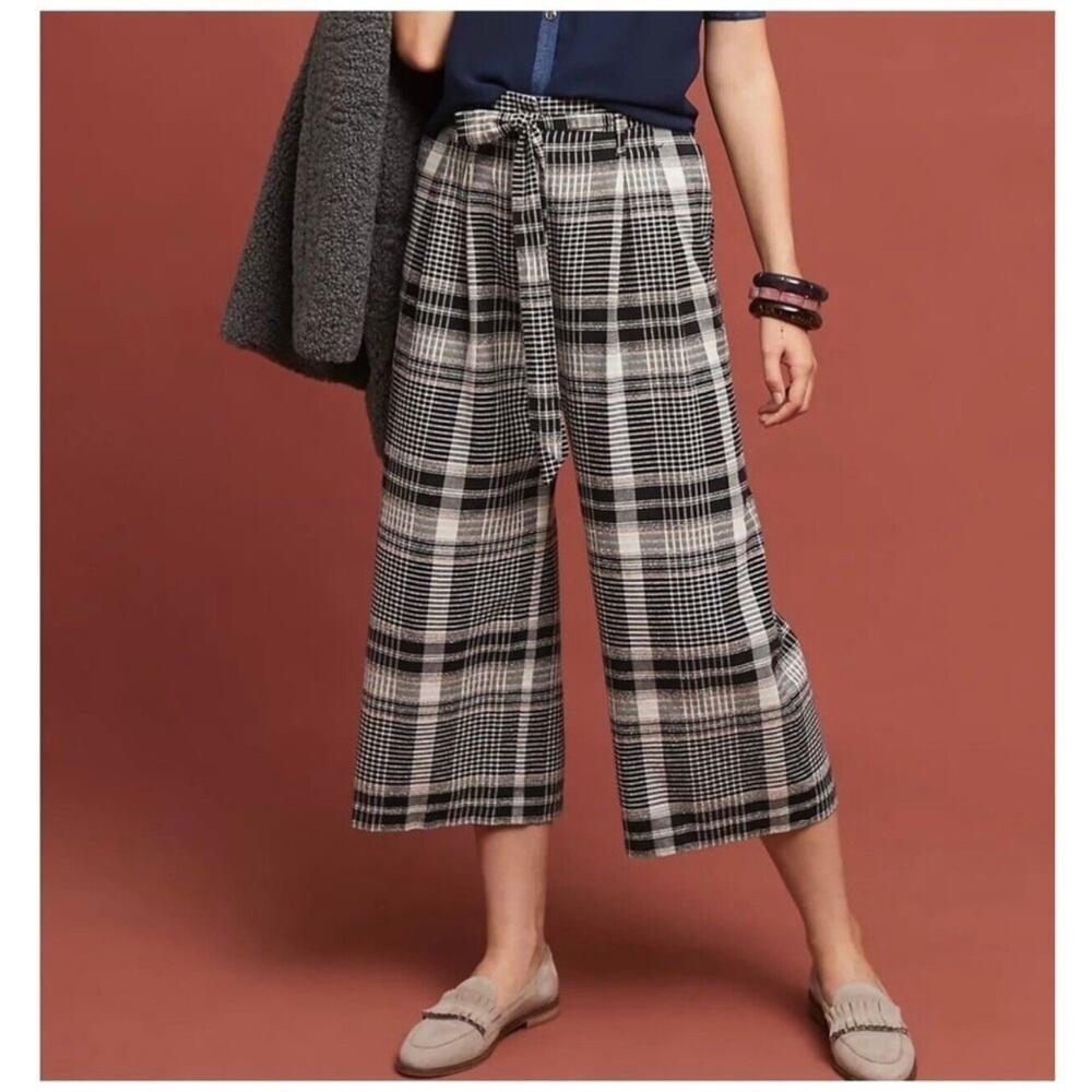 Anthropologie Luca Wide Leg Pant Sz 14 High Waist Pockets Cropped Plaid Textured - Picture 9 of 16